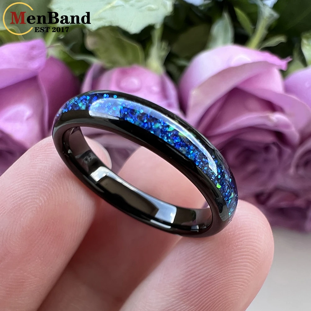 MenBand 4MM Black Opal Ring Women Tungsten Engagement Wedding Band Stylish Gift Jewelry Domed Polished Comfort Fit Size 5-11