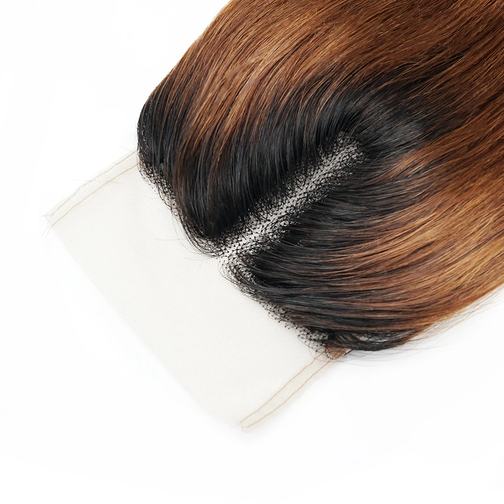4*1 T Part Lace Closure Human Hair Natural Color T1B30/27 Brazilian Straight Pure-Hand Tied Light Brown Swiss Lace Prepluck