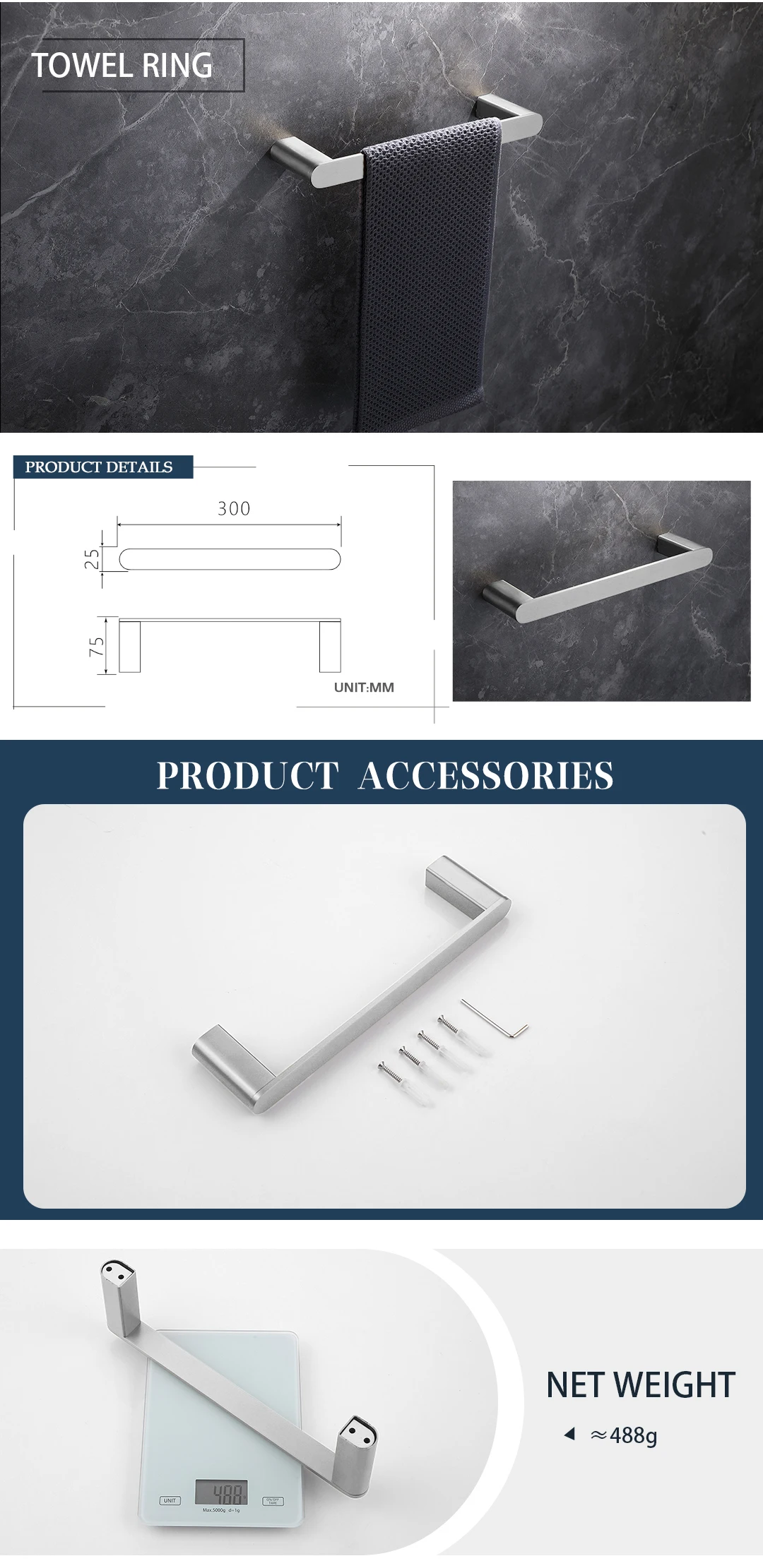 Brushed Bathroom Hardware Accessories Set  Brass Kit Towel Bar Ring Robe Hook Paper Holder Towel Ring Toilet Brush