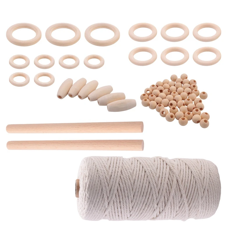 

3X Macrame Cord Natural Cotton Rope 3Mm With Wood Ring Wood Stick For DIY Teether Macrame Kit Wall Hanging Plant Hanger