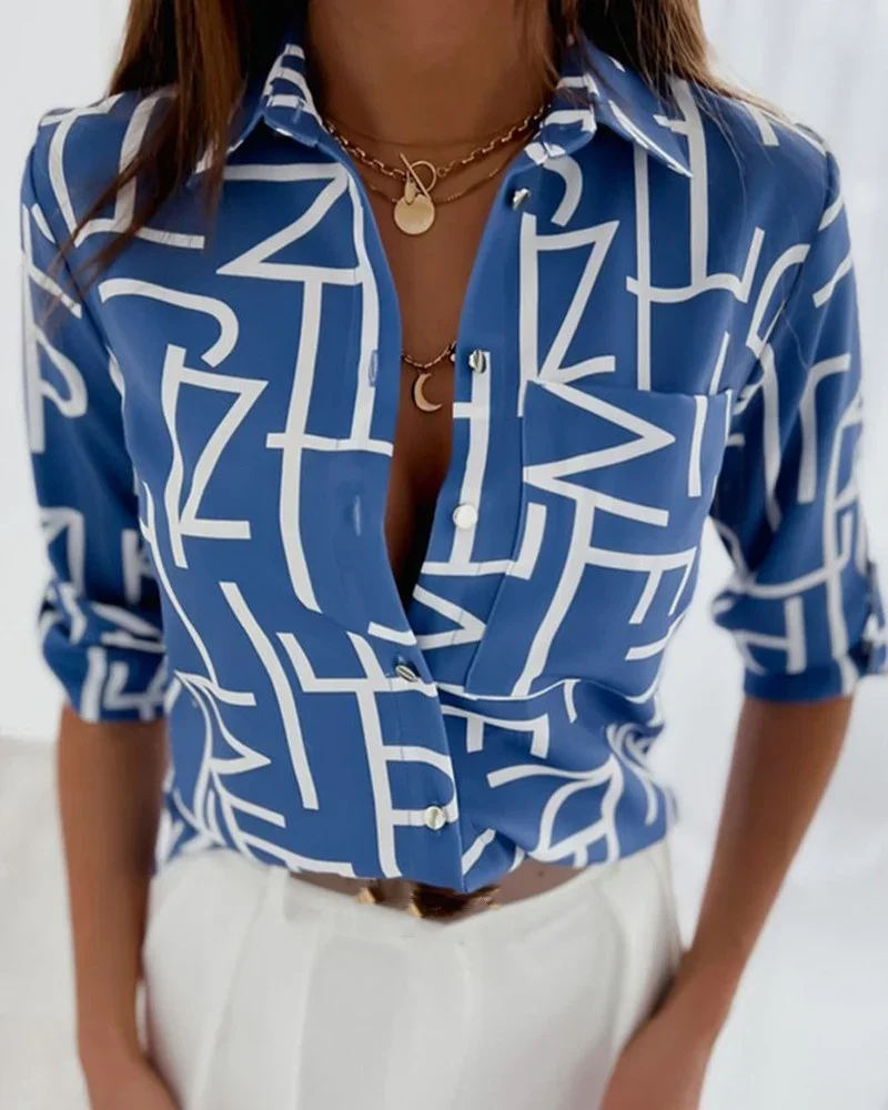 Women Fashion Print Single-breasted Cardigan Shirt Autumn Long Sleeve Blouse Splicing Single Pocket Office Female Everyday Wear