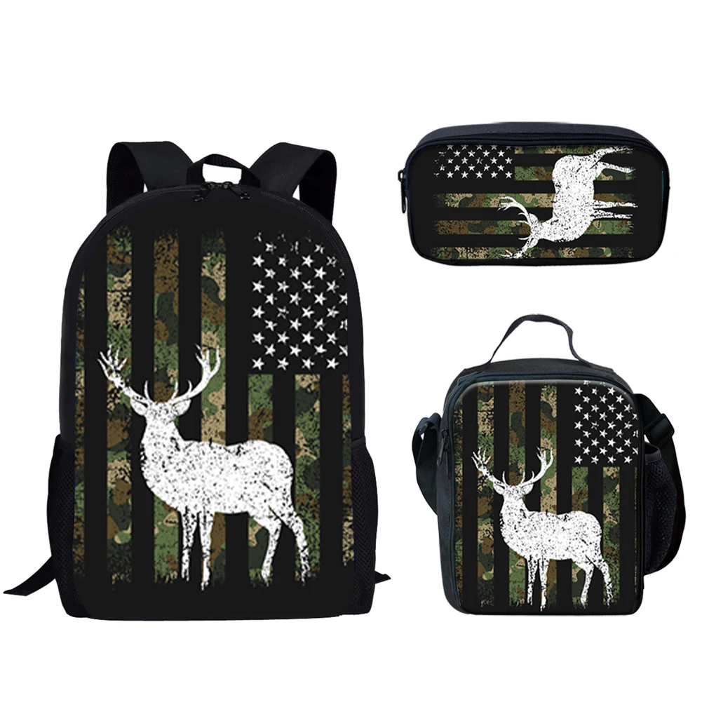 

Belidome 3Set School Bags for Teen Boys Girls American Flag Camo Hunting Deer Print Backpack for College Student Back to School