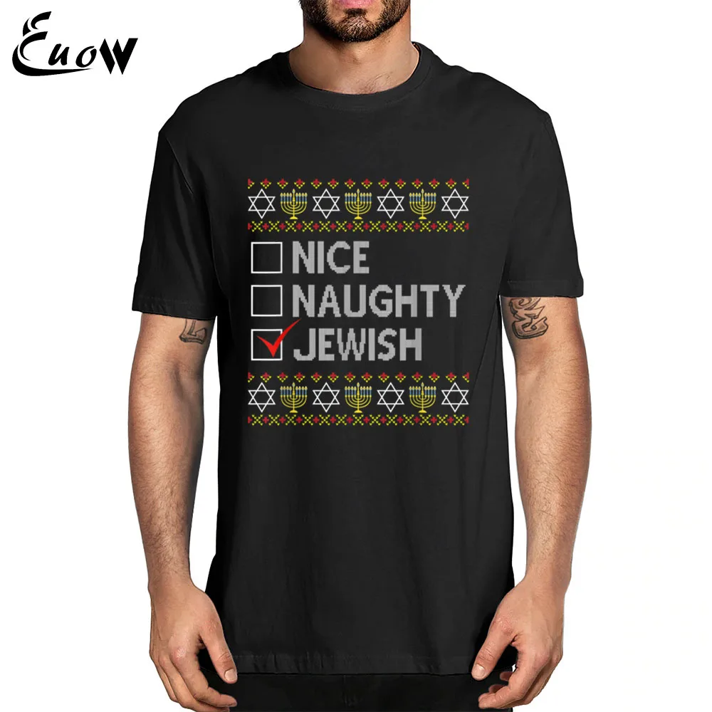 

Euow Unisex 100% Cotton Nice Naughty Jewish Ugly Hanukkah-Sweater Chanukkah Vintage Shirt Men Clothing Printing T-Shirt Casual