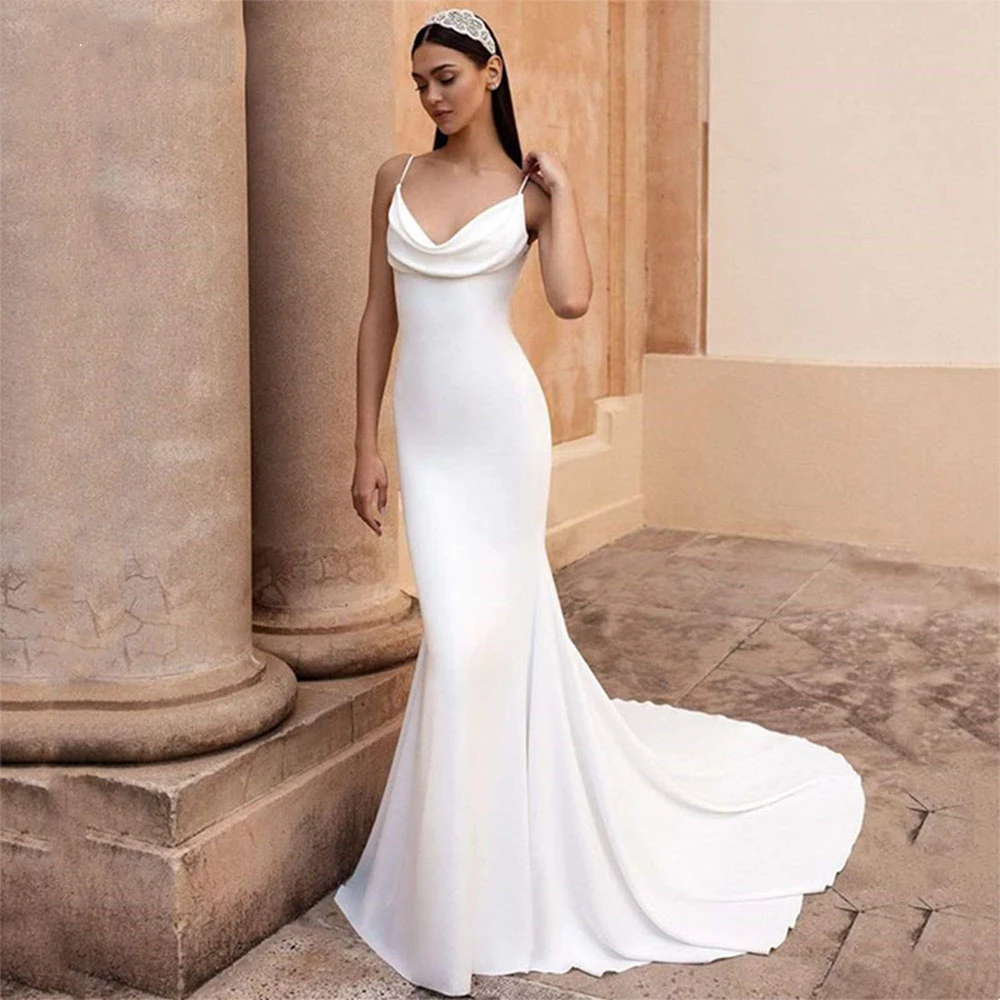 2022 Cowl Neck Mermaid Wedding Dress Simple Spaghetti Strap Backless Stain Bridal Gown For Women Vestido De Novia Custom Made grace kelly wedding dress