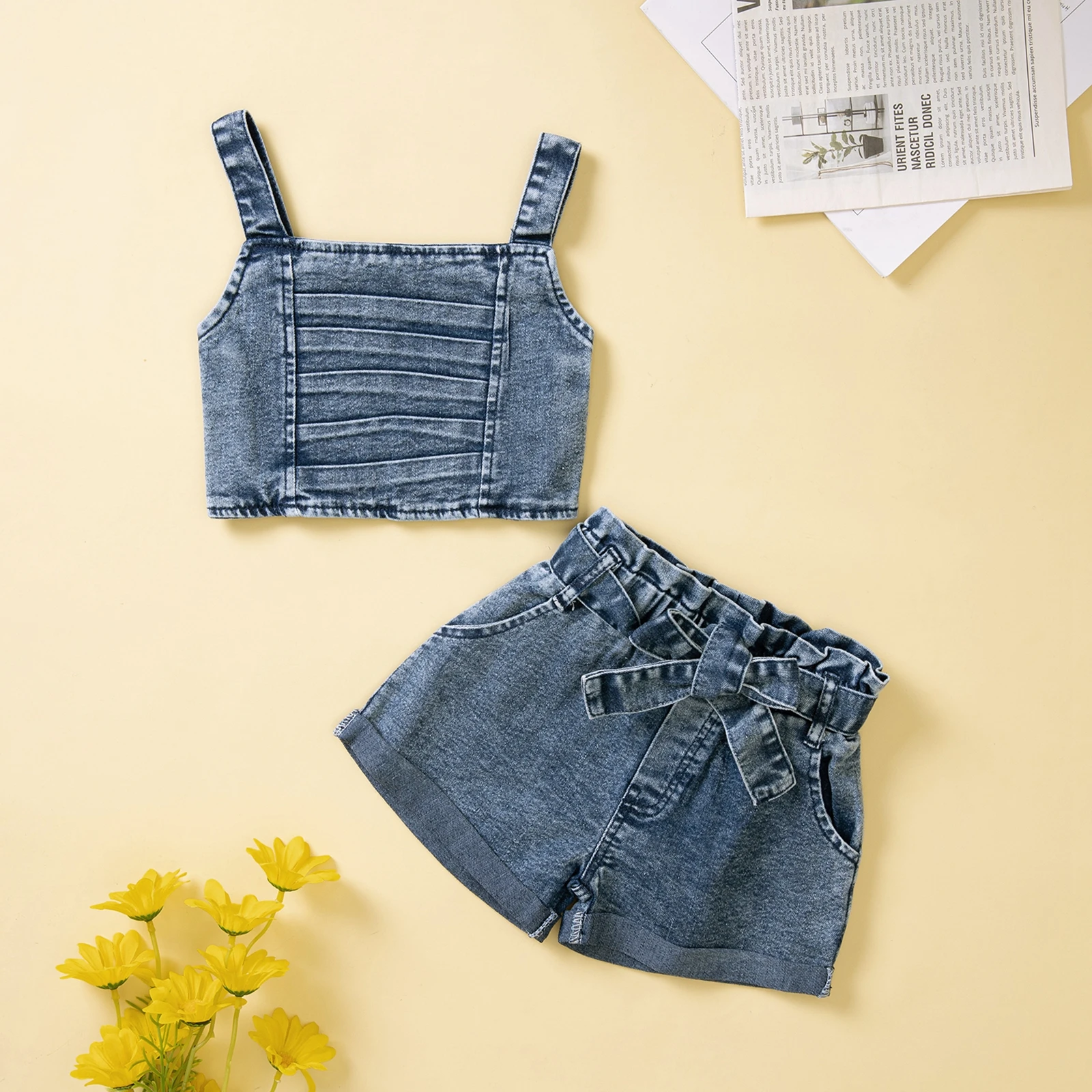 Citgeett Summer Kis Girls Casual Pants Outfit Blue Solid Color Pleated Tops  And Wide-leg Denim Shorts Waistband Clothes - Children's Sets - AliExpress