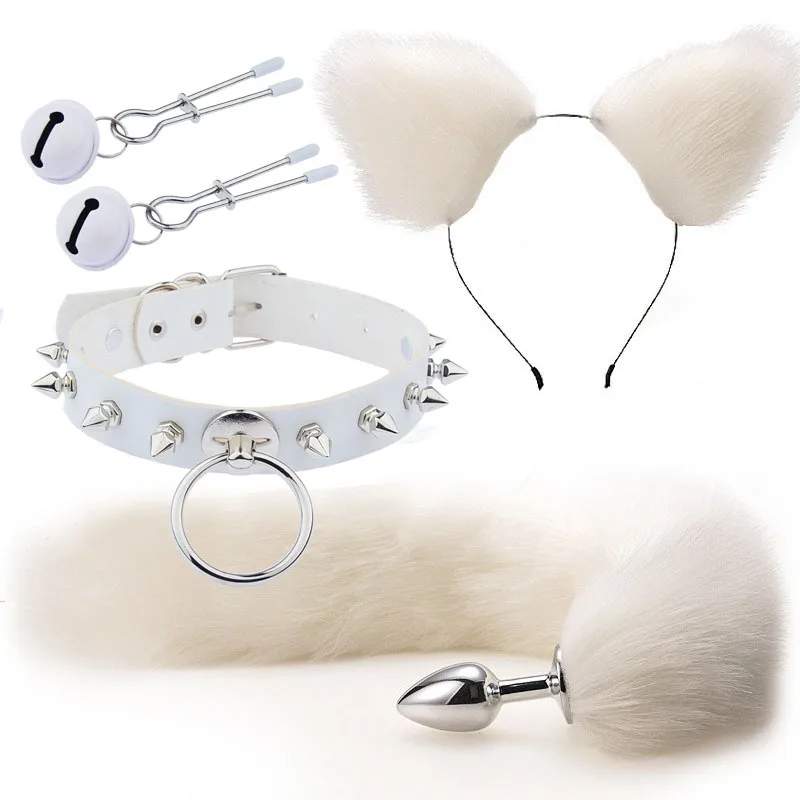 Coda di volpe Carino Plug anale Orecchie di gatto Fasce per capelli Set Clip per capezzoli Collo Collare Cosplay erotico Sesso T_voghion.com