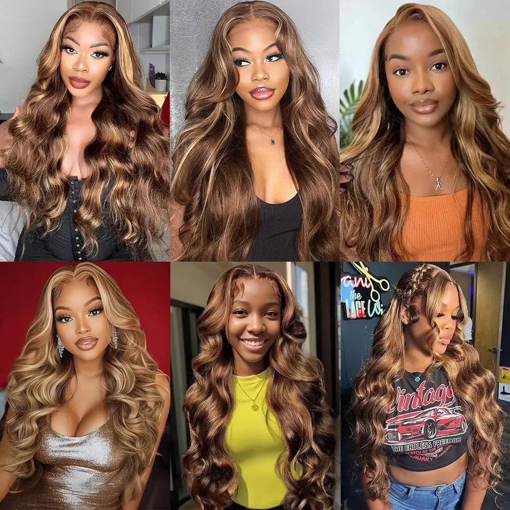 13x4 Highlight Ombre Lace Front Wig Human Hair Pre Plucked Body Wave Frontal Wigs 250% Density 4/27 Honey Blonde Lace Front Wig