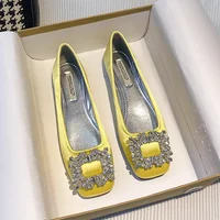 2023 Spring/Summer New Fashion Rhinestone Square Button Flat Bottom Shoes Satin Shallow Mouth Square Head Casual Women's Shoes 1