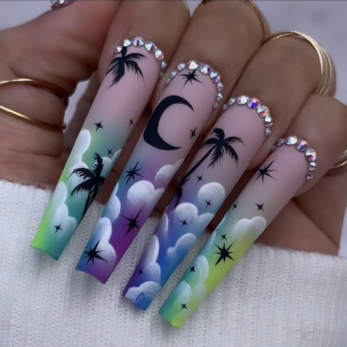 

3D long fake nails set ballet summer white cloud coconut tree printing with diamond faux ongles press on false acrylic nail tips