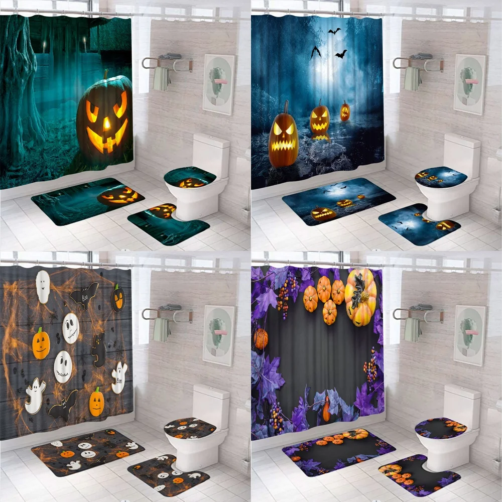 4PCS Halloween Bathroom Set Shower Curtain Rug Horror Cemetery Pumpkin