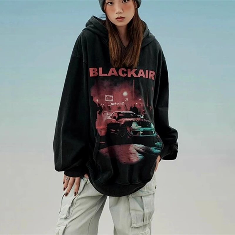 

High Street Car Graphic Print Oversized Sweatshirt Hoodie Men Women Y2K Hip Hop Tops Black Cotton Loose Oversized Winter Clothes