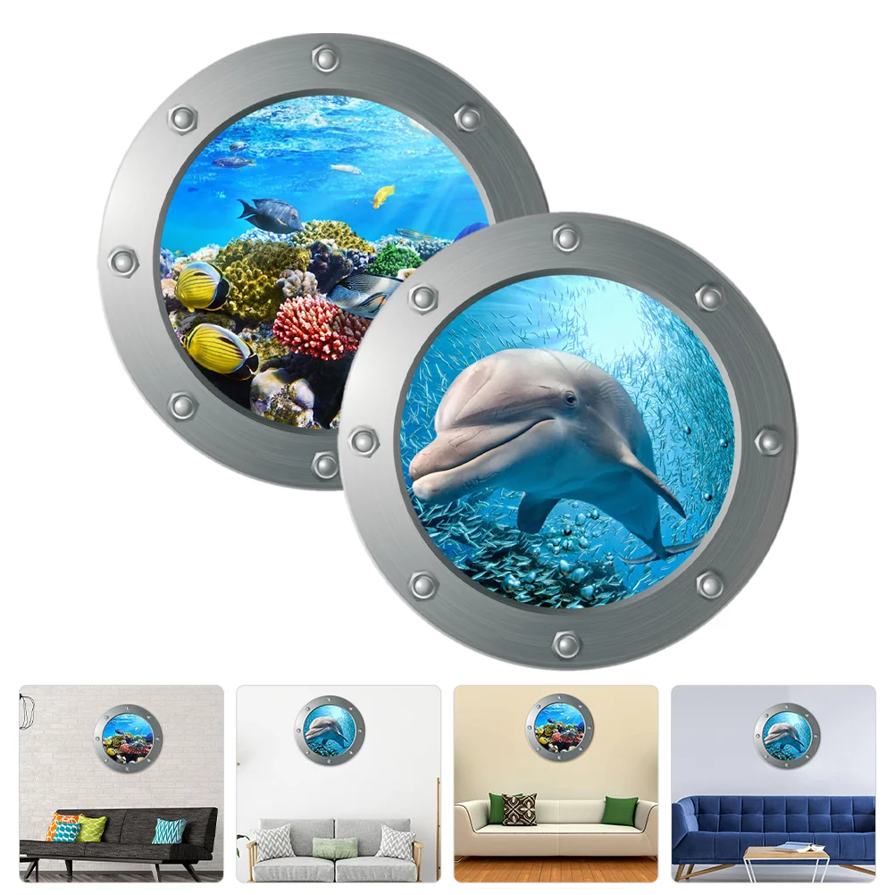 

2 Pcs Wall Sticker Porthole Sea Bathroom Decor Stickers under The Decals Ocean Wallpaper Bedroom ​​fish Murals for Whale