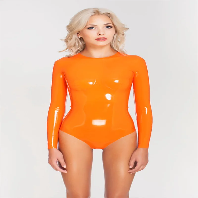 

Women Orange Latex Jumpsuit Neck Entry Clothing Rubber Tight Leotard Swimming Suit No Zip