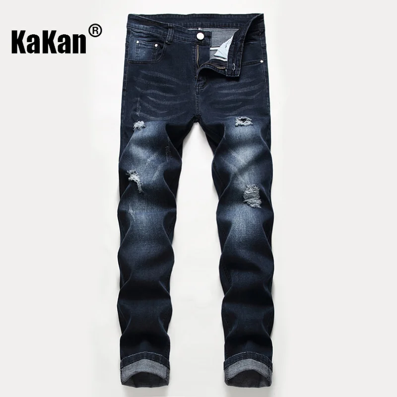Kakan - New European and American distressed jeans for men's wear, worn out high street trend straight leg long jeans K36-995