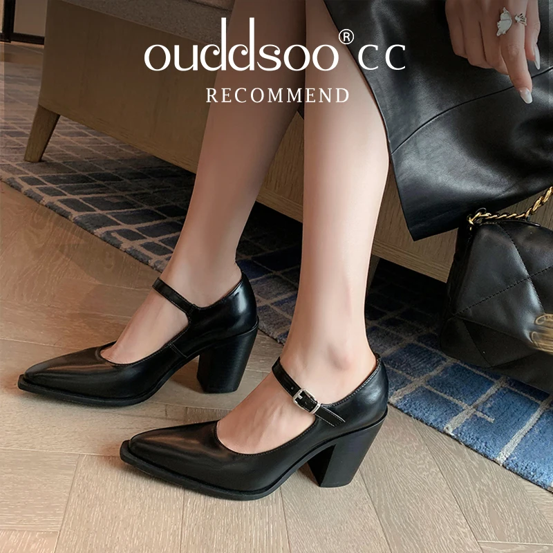 Ods Pumps High Quality Genuine Leather High Heels Mary Jane Shoes Women's Heels Leather Shoes Women  Strap Pointed Toe Flats 42 5