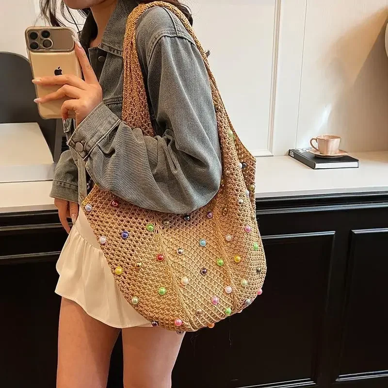 Hollow Out Woven Shoulder Tote Bag, Large Capacity Shopping Bags for Women Beach Bag, Hand Woven Knitting Handbag with Pearl