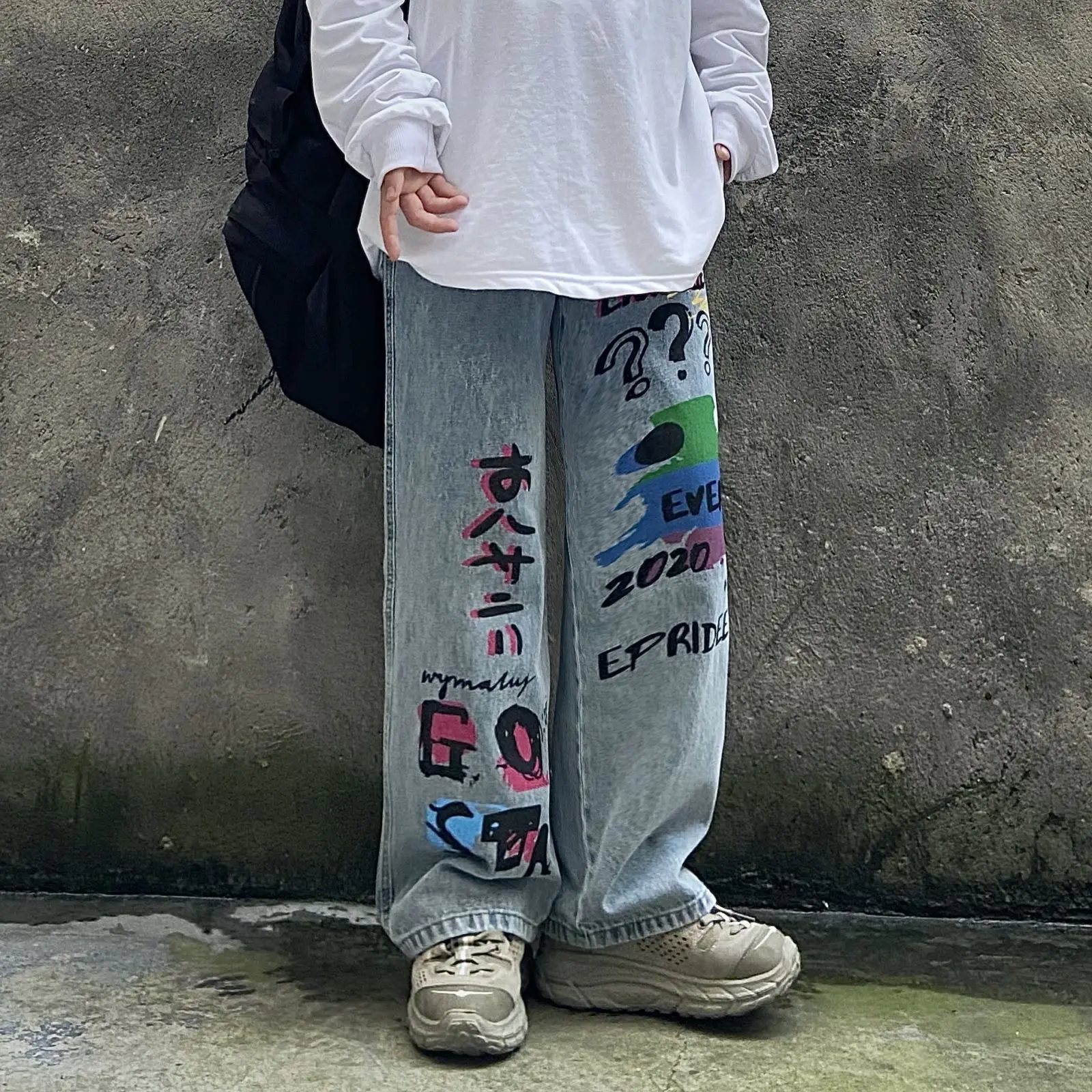 

Fashion Hiphop Hip-Hop Graffiti European American Street Straight Pipe Wide Leg Daddy Sag Loose High Street Jeans For Men Women