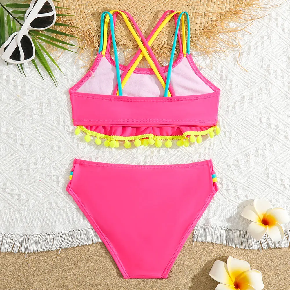 5-12 Years Ruffle Flounce Girl Swimsuit Kids Criss Cross Back Bikini Pompom Decorated Two Piece Children's Swimwear Bathing Suit