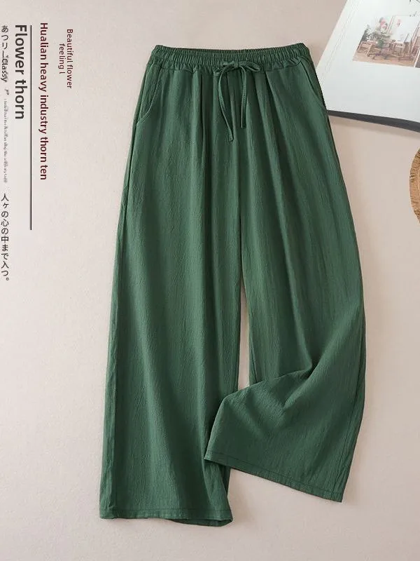 Retro Loose Fit Cotton Linen Wide Leg Pants Women's Summer New Sle Slimming Long Casual Versatile High Waist Trousers - Image 3