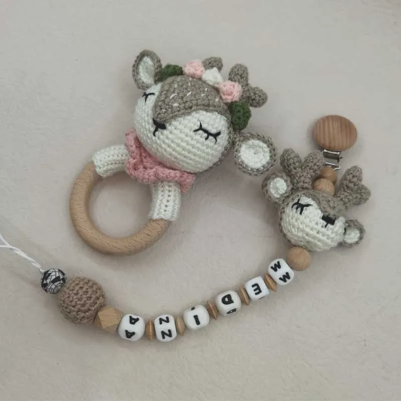Newborn Mobile Gym Educational Ring Teething Toy Baby Cotton Baby Wooden Ring Rattle Crochet Wool Toy Customize Pacifier Chain 4