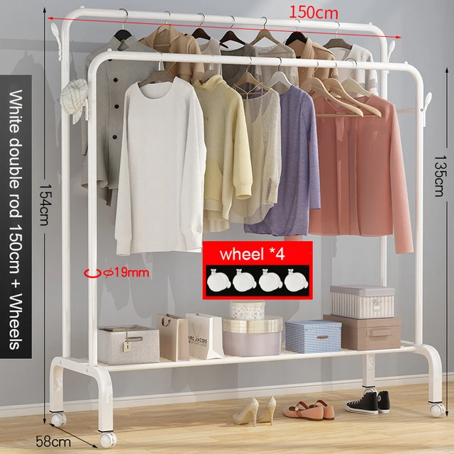 Garment Rack Floor Standing Clothes Hanger Double Pole Coat Rack Wardrobe Clothing Drying Rack Mobile Cloth Rail Home Furniture W wheel Double 150cm