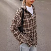 Chemise à carreaux décontractée pour femme, ample, boutons à revers, manteau à manches longues, confortable, Vintage, kaki, hauts féminins, Streetwear, automne hiver 2