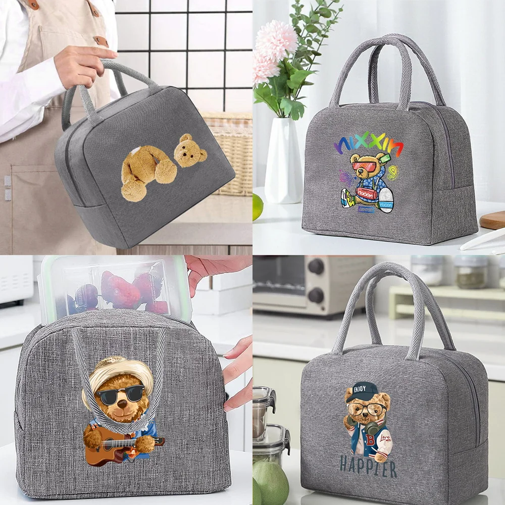 Functional Portable Lunch Bag for Women Insulated Canvas Cooler Bag Thermal Food Picnic Lunch Bag Kids Grey Bear Pattern Sreies lovely bear pattern knit fiber hat for kids soft