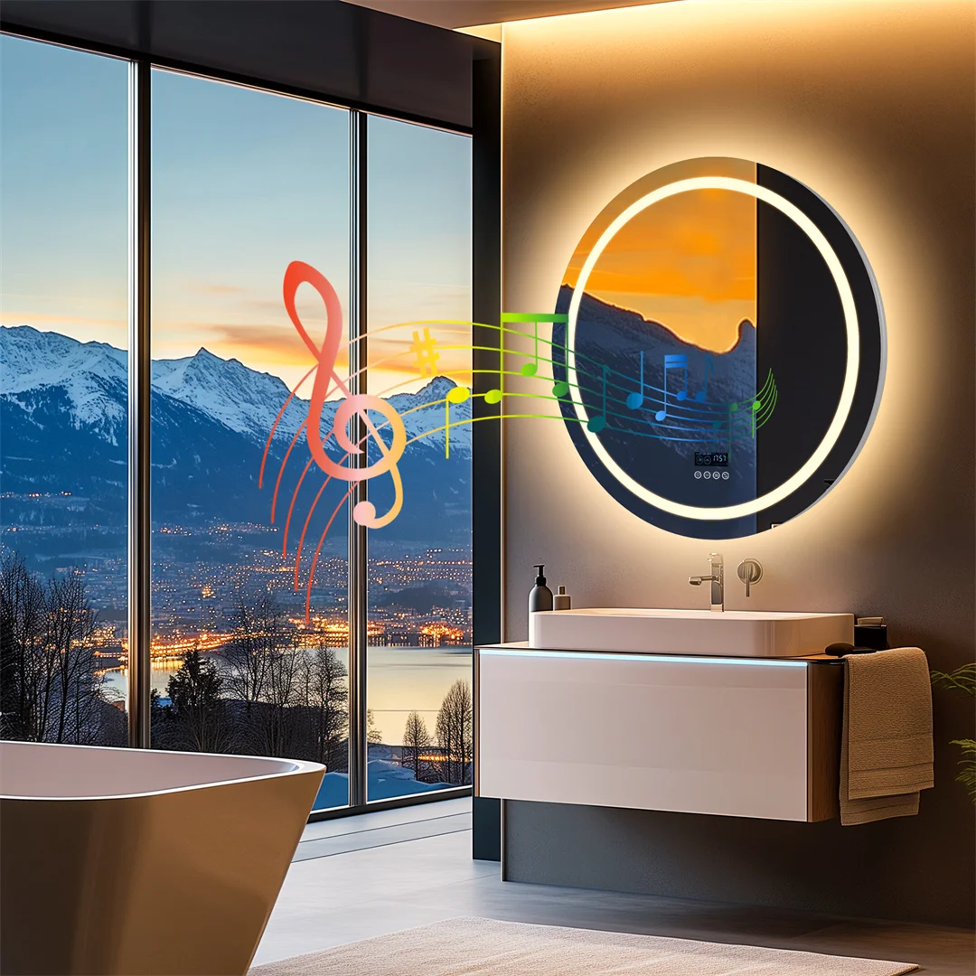 Round Bathroom Mirror Dual Bluetooth Speakers Anti-Fog Lighted Shower Vanity Mirror Time Weather Display