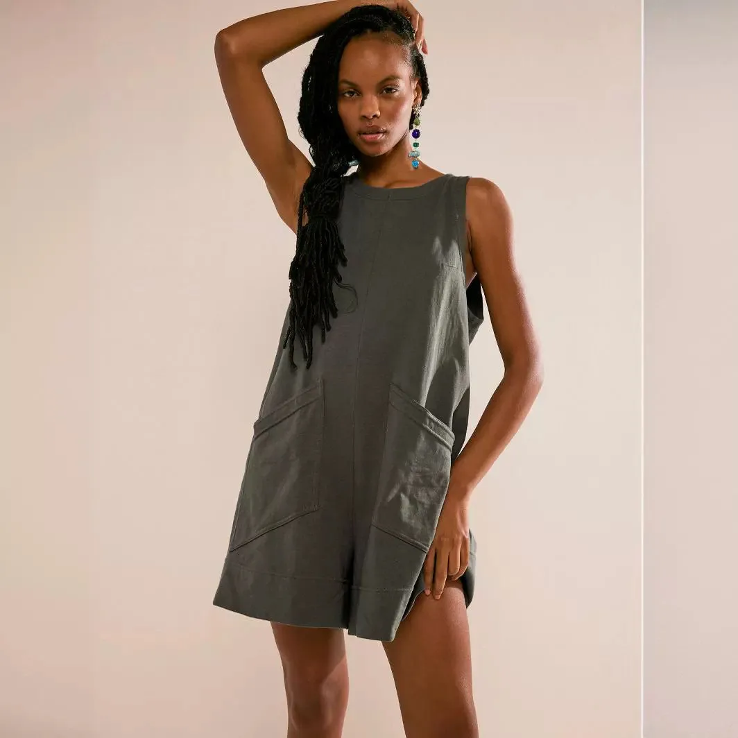 Jumpsuit 2024 Explosion Basic Color Personalized Hipster Pocket Knit One-piece Shorts Women's