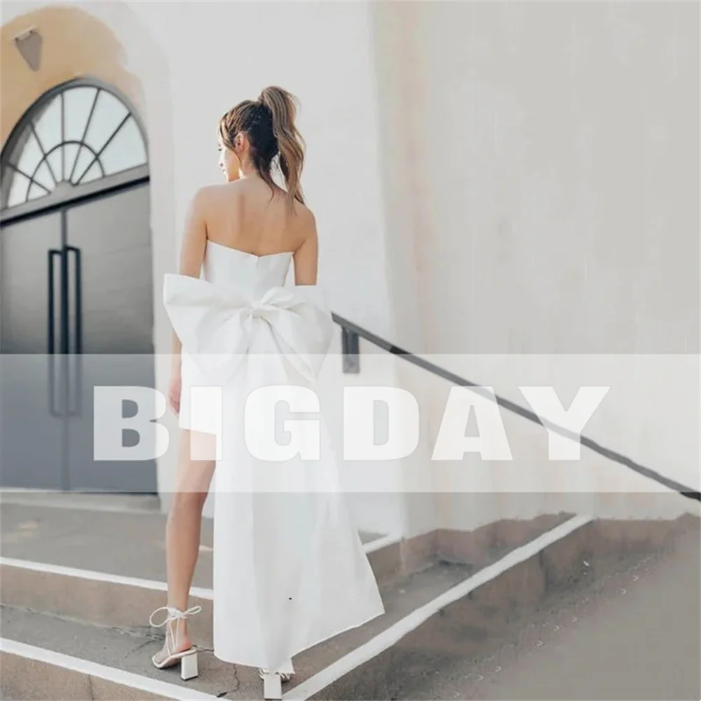 Elegant Short Wedding Dresses Strapless Bow Sleeveless Satin Open Back Pleat Bridal Gown Women 2025 Vestidos De Noiva Customized 2
