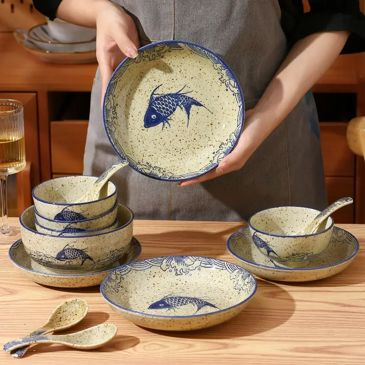 Chinese Fish Plate Round Plate Ceramic Deep Soup Bowl Household Tableware Set ceramic dessert plates bone china tableware sets