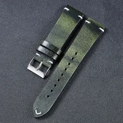 Premium Retro Oil Wax Leather Sport Watch Strap - Waterproof Quick Release Calfskin Wristband - 22mm (Green)