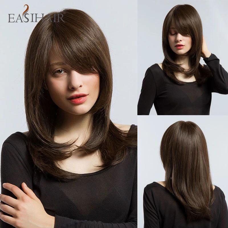 Dark Brown Black Straight Synthetic Wigs with Bang Shoulder Length Layered Wigs for Women Daily Party Heat Resistant Fake Hair