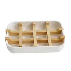 Bamboo Eco - friendly Portable Soap Dish with Handcrafted Wooden Holder and Tray (WHITE)