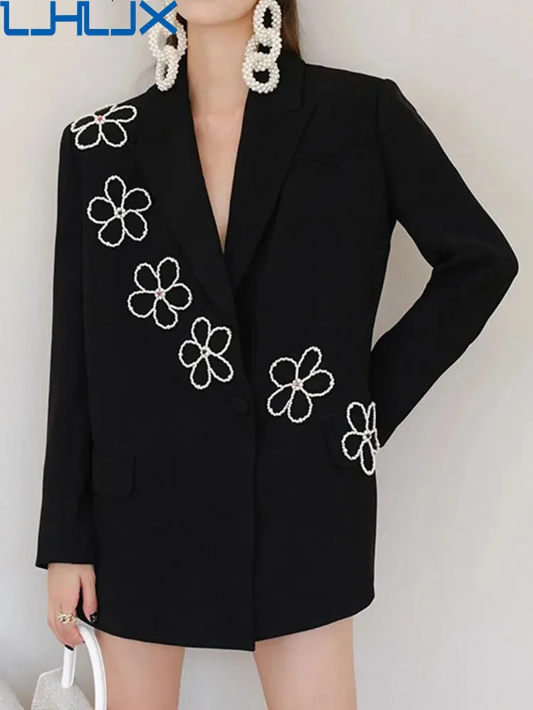 

LJHLJX Fashion Women's Blazer Notched Collar Loose Embroidered Flares Flower Pearls Black Suit Jackets Spring 2024 New AH544