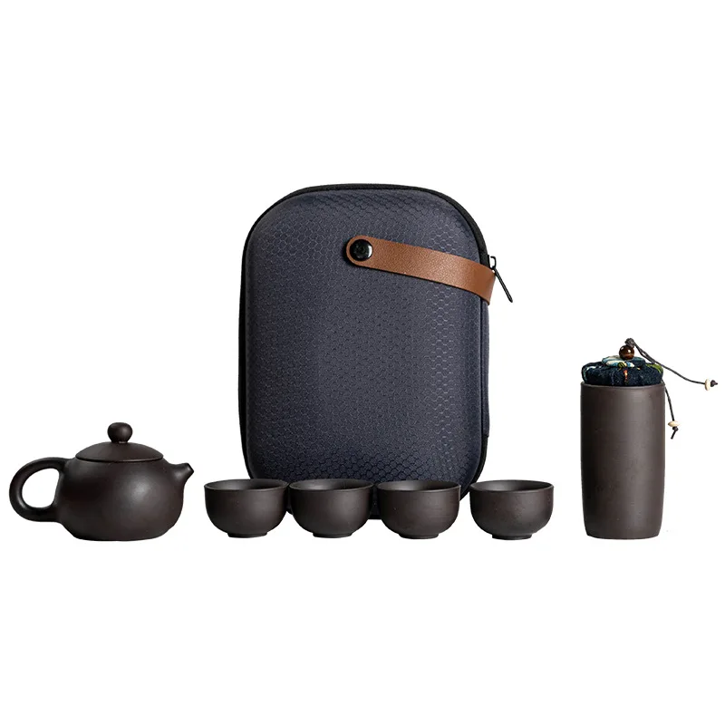 Tea Set Purple Sand Travel Teaware Set One Pot Four Cups Portable Crack Cup Kung Fu Tea Set Chinese Purple Sand