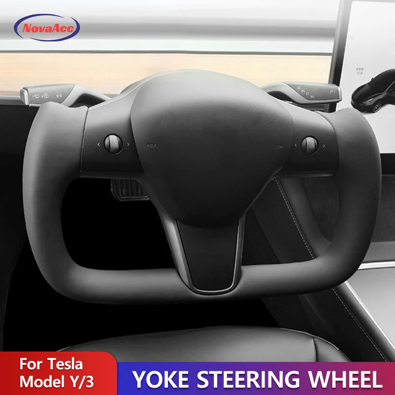 

NovaAcc Yoke Steering Wheel For Tesla Model Y 3 2017 2018 2019 2020 2021 2022 2023 Heating Black Nappa Suede Car Accessories