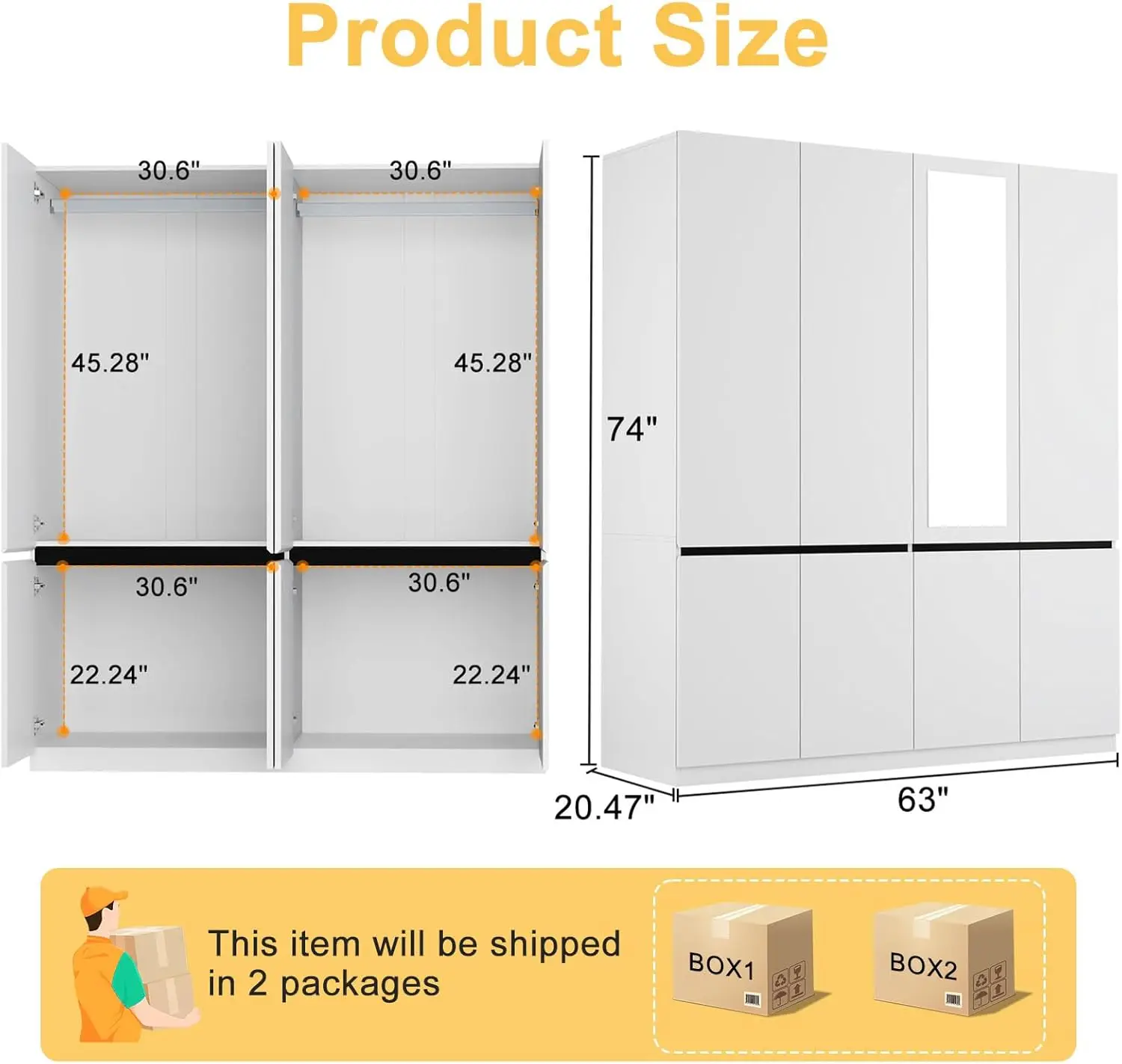 NEW 4 Doors Armoire Wardrobe Closet with Mirror, Wooden Bedroom Armoires with Hanging Rod, Freestanding Wardrobe Cabinet 2