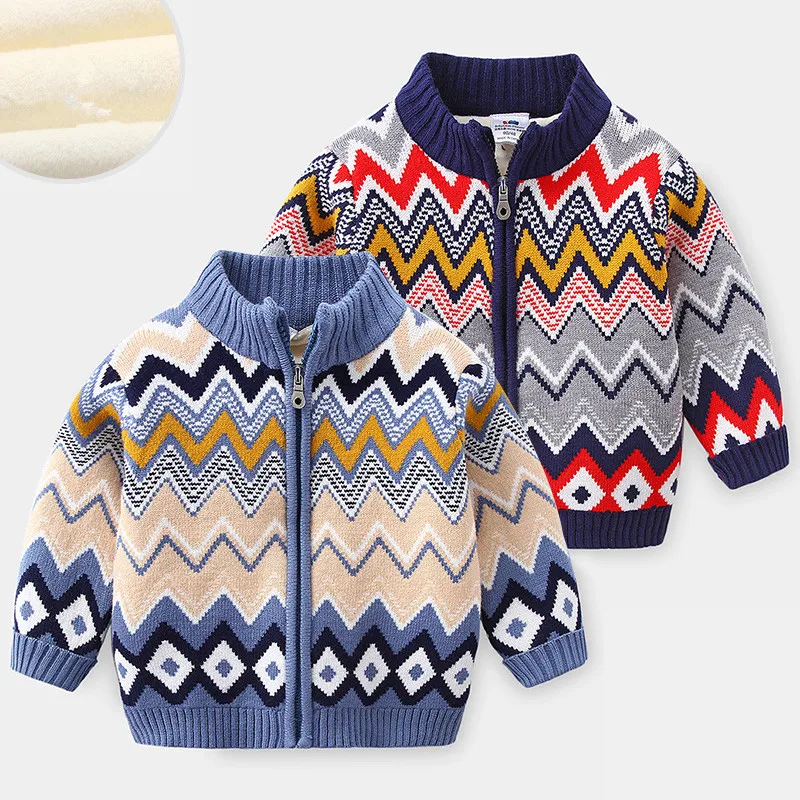 

2024 Winter Warm 2-12 Years Children Outwear Coats Geometric Thickening Plus Velet Turtleneck Sweater Jacket For Kids Baby Boys