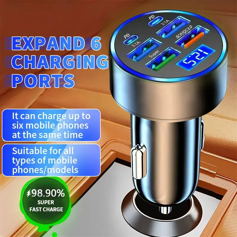 100W 6 Ports Car Charger Fast Charging PD QC3.0 USB C Car Phone Charger Type C Adapter in Car For iPhone Samsung Huawei Xiaomi
