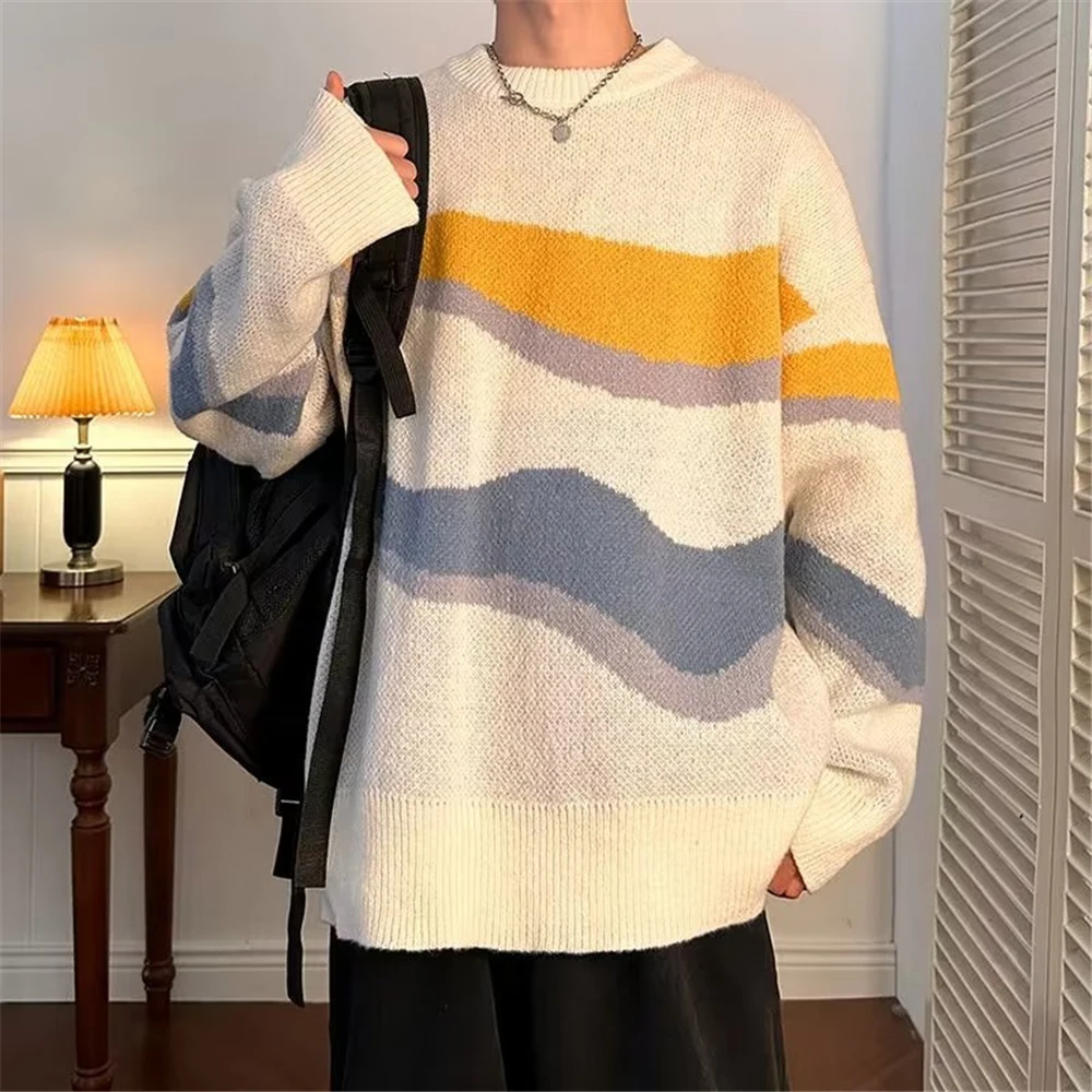 

Irregular Stripe Men's Sweater Autumn Oversized Sweaters for Boy Knitwear Korea Style Students Clothing