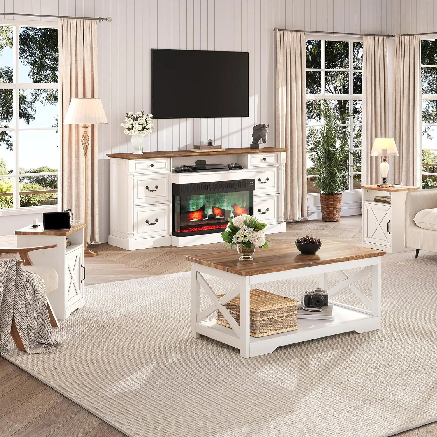 3-Piece Farmhouse Living Room Table Sets, Includes 1 x Coffee Table, 2 x End Tables with Charging Station & USB, Customized