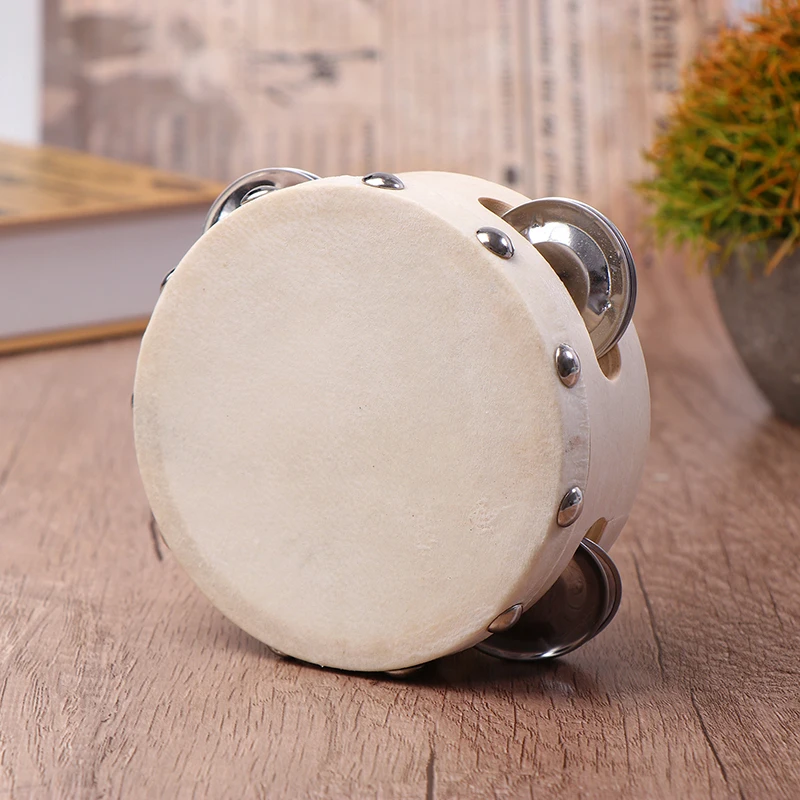 

4 Inch Hand Held Tambourine With Metal Single Row Jingles Sheepskin Drum Skin Wooden Tambourines Entertainment Musical Toy