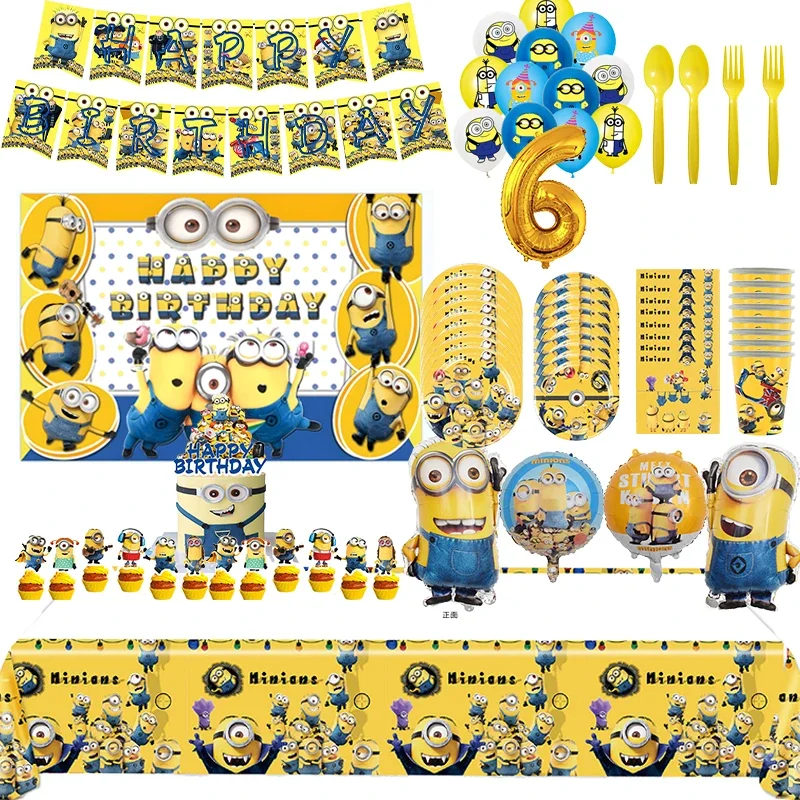 Декор для детского дня рождения Miniones, воздушный шар, баннер, фон, посуда, торт, Топпер, товары для вечеринки, детский душ