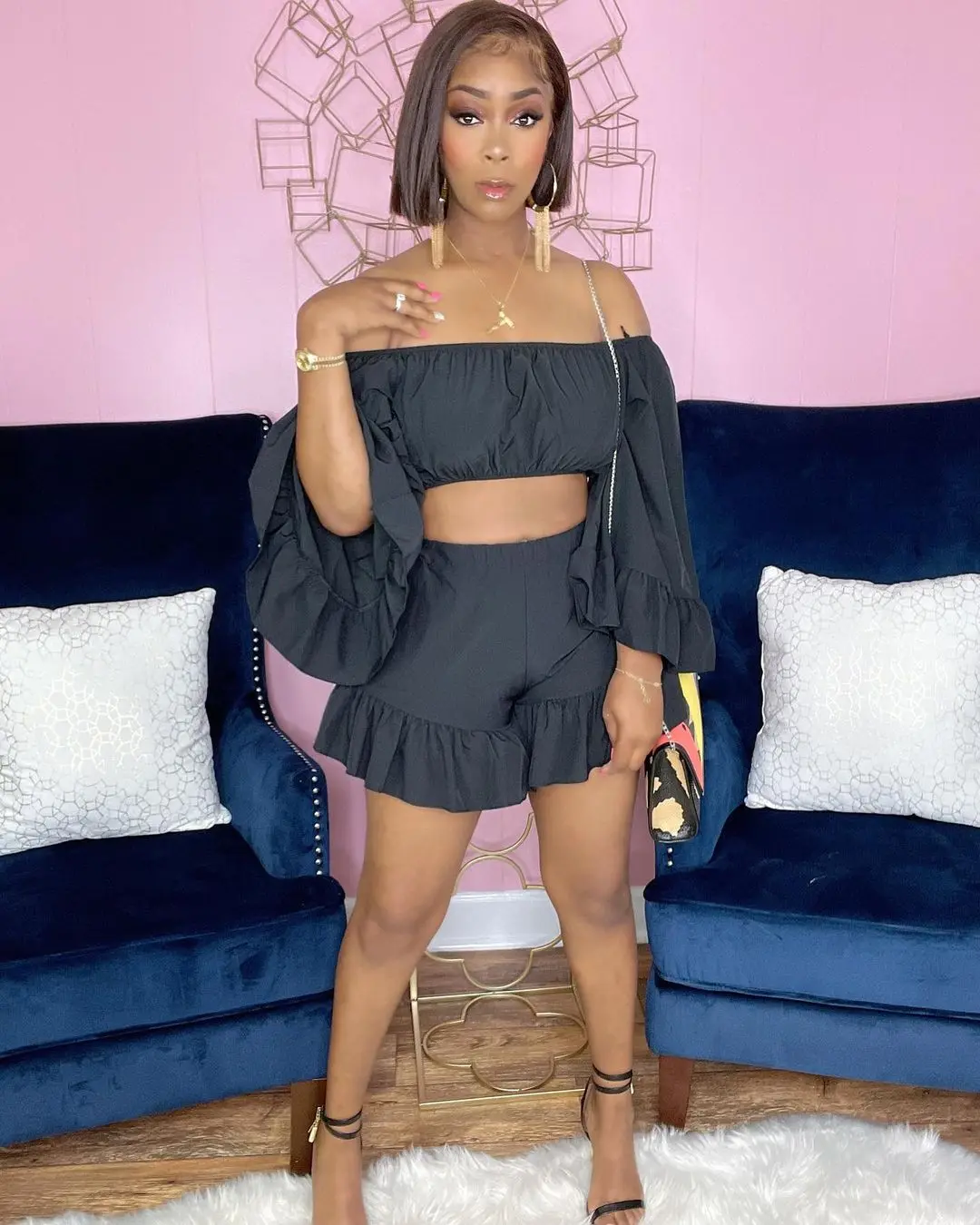 H.Y 2022 Summer New Women's Fashion Sexy Fresh And Sweet Solid Color Off-The-Shoulder Ruffled Shorts Two-Piece Set K7041