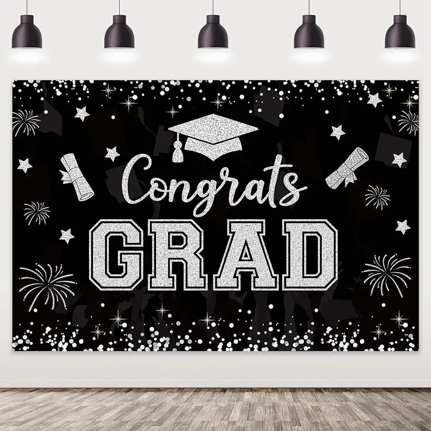 

Kreatwow 5*3ft 2024 Black and White Congrats Grad Graduation Backdrop Glitter Printed Bachelor Cap Photography Background Cloth