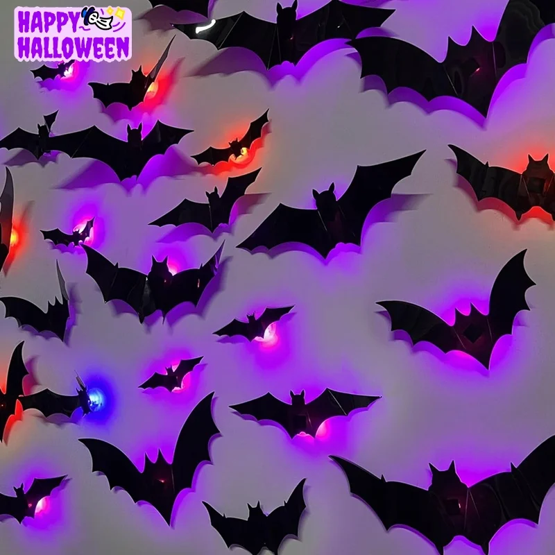 12-60Pack LED Bats Light Wall Decor Realistic PVC 3D Bats Sticker Lights for Home Indoor Outdoor Halloween Party Wall Decoration