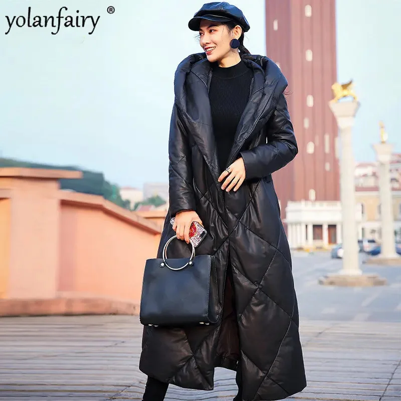 

YOLANFAIRY Winter Real Leather Jacket Women Sheepskin Coat Female Long Down Hooded Fashion 2023 FCY2567