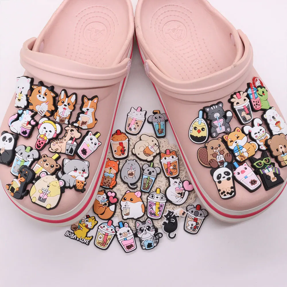 

Wholesale 50pcs PVC Shoe Charms Panda Cat Bear Hamster Milk Tea Accessories DIY Shoe Decoration For Croc Jibz Kids X-mas Gift