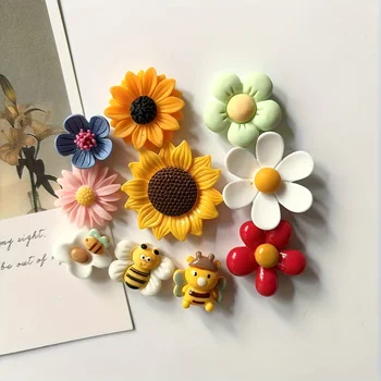 10Pcs Sunflower Bee Flower Resin Fridge Magnets for Home Decoration, Cute Magnet Gift Presents 1